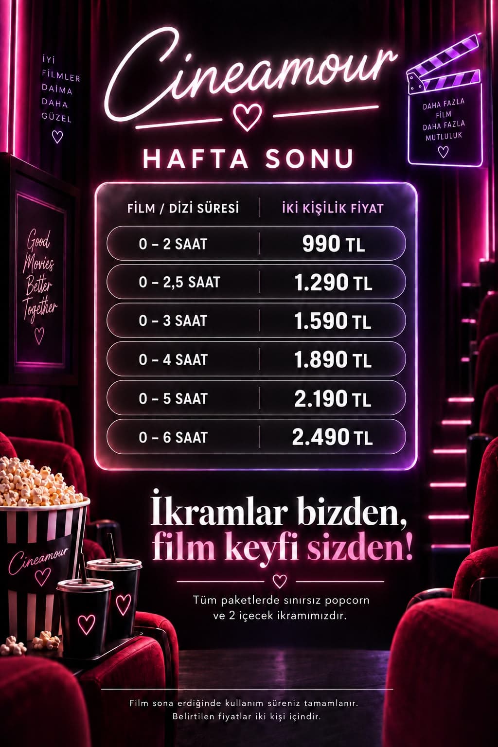 Hafta sonu tarife afişi: film süresine göre iki kişilik fiyatlar, 990 TL'den 2.490 TL'ye